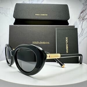 New Dolce & Gabbana Sunglasses Black Oval Cat Eye Gold Metal Logo 54-18